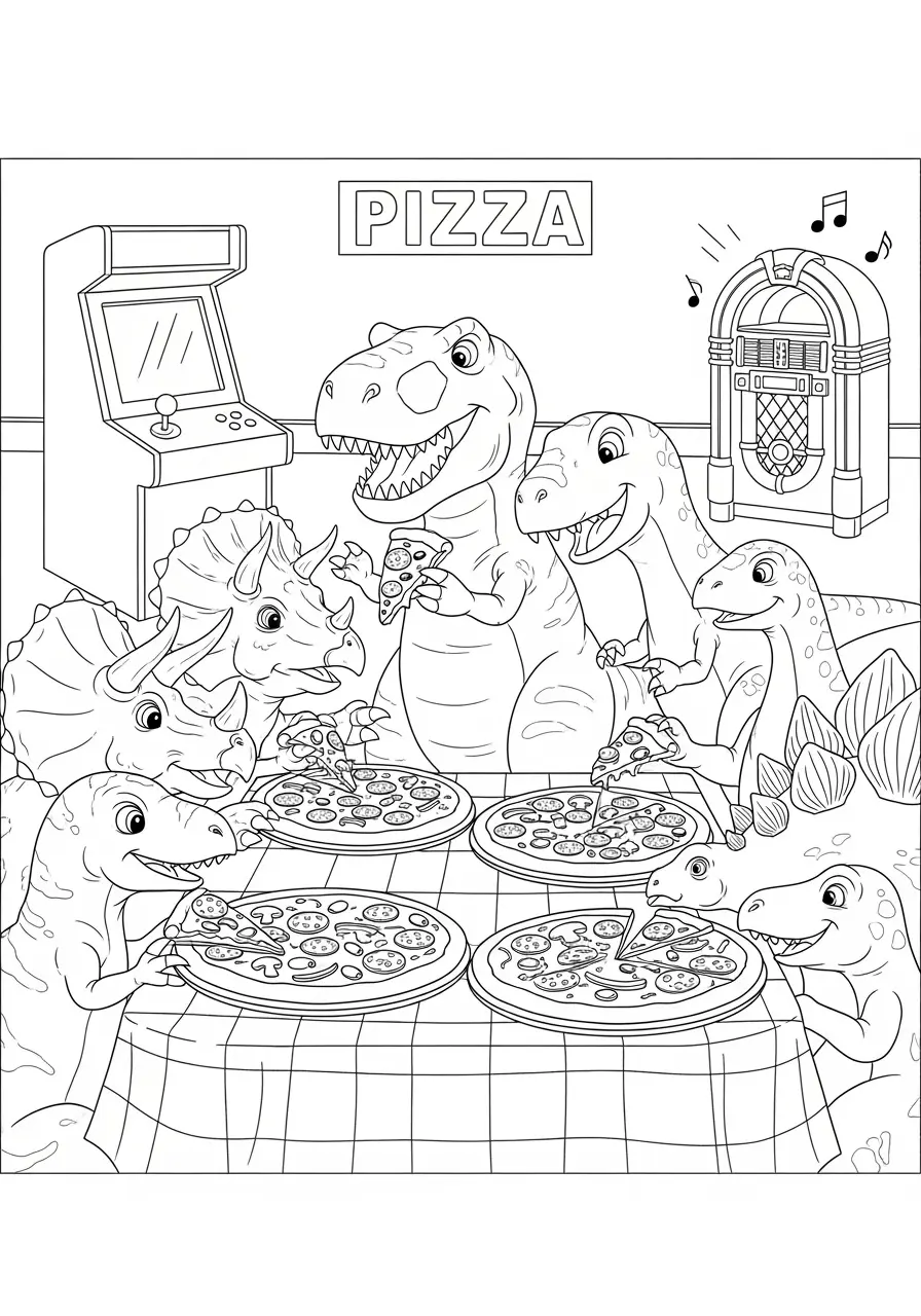 Dinosaur Pizza Party Coloring Page