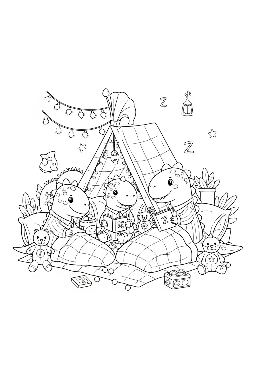 Dinosaur Slumber Party Coloring Page