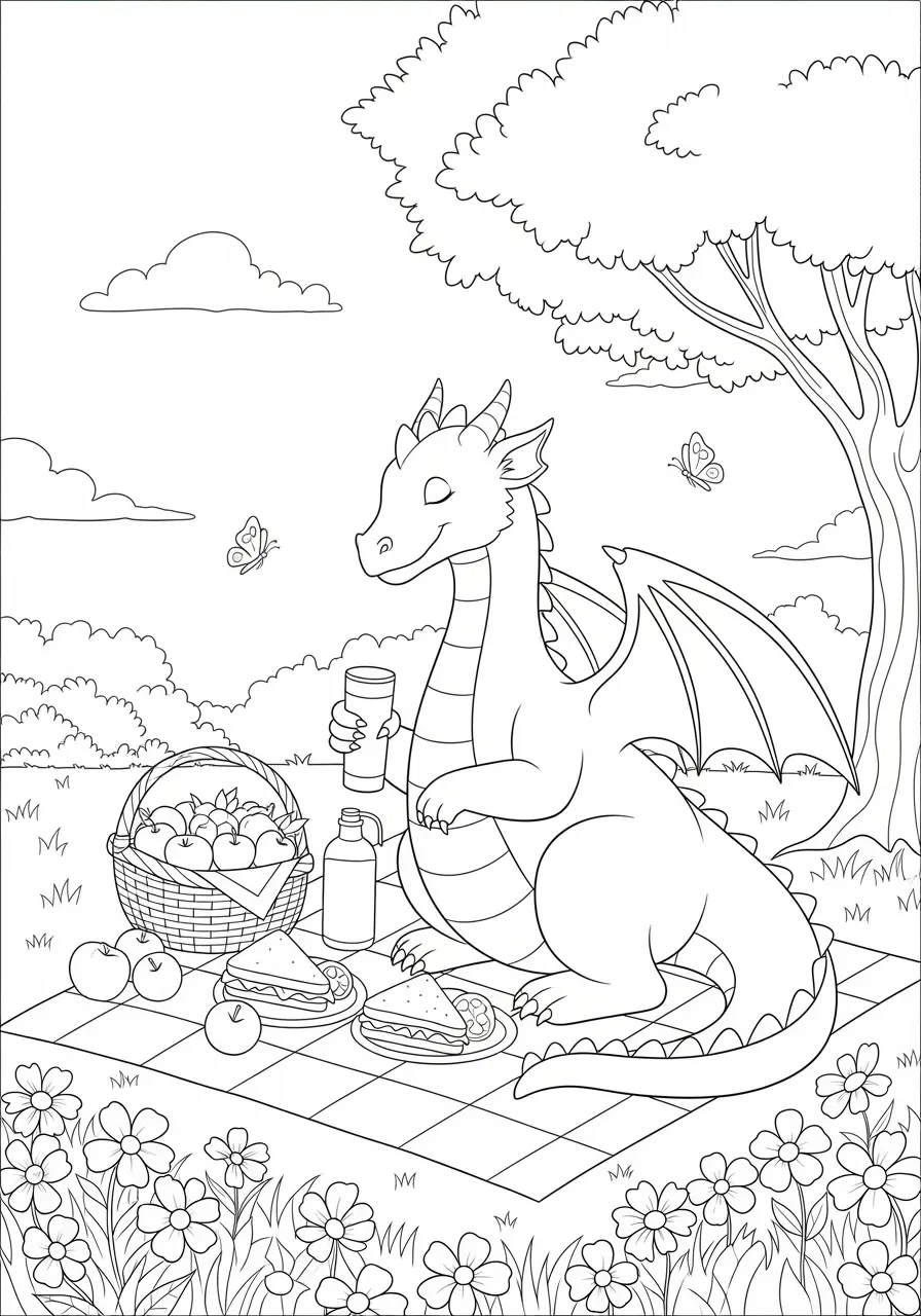 Dragon Garden Picnic Coloring Page
