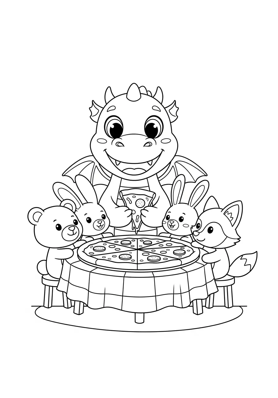 Dragon Pizza Party Coloring Page