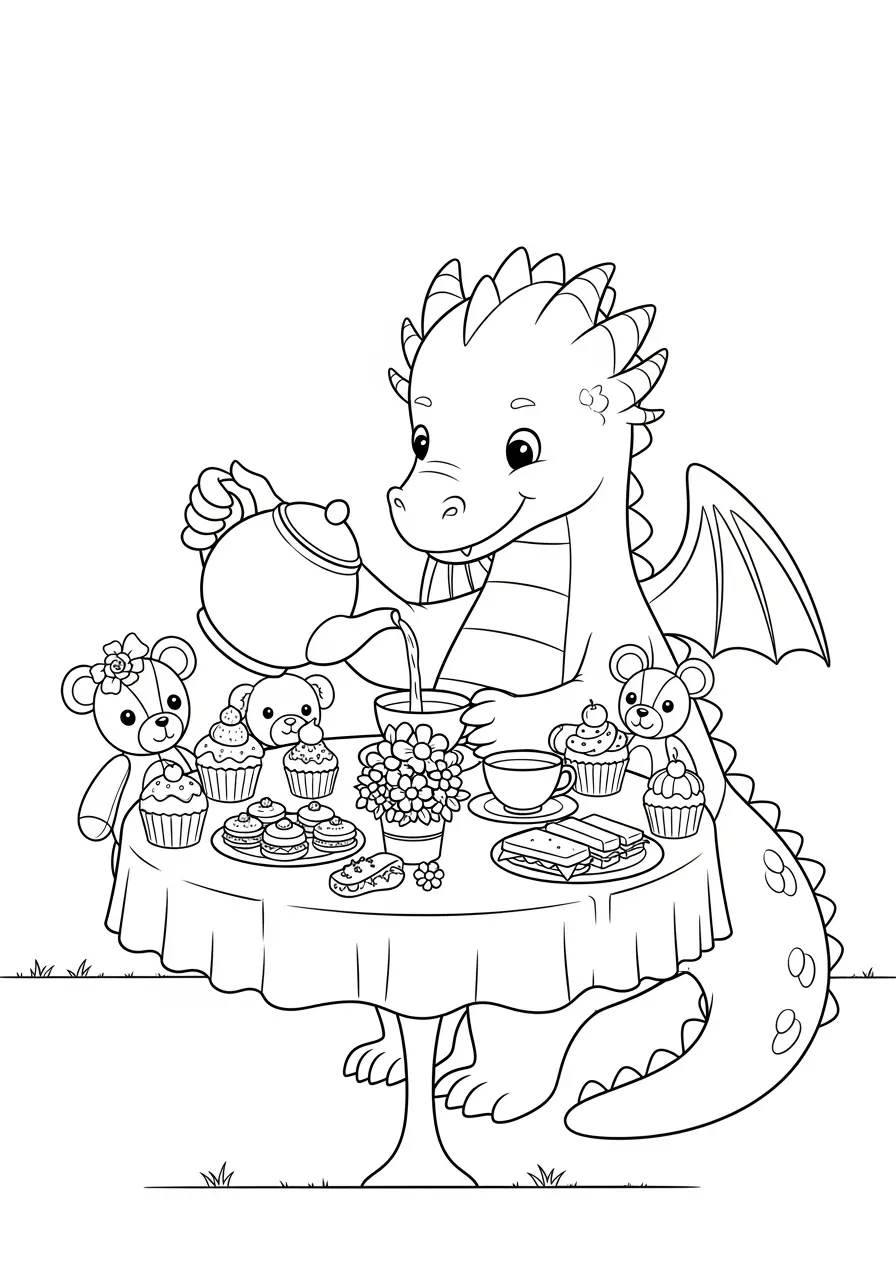 Dragon Tea Party Coloring Page