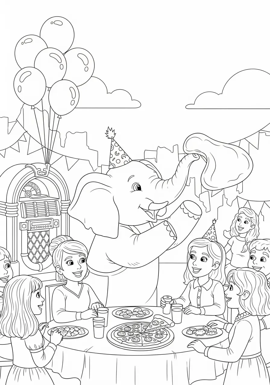 Elephant Coloring Page Pizza Party