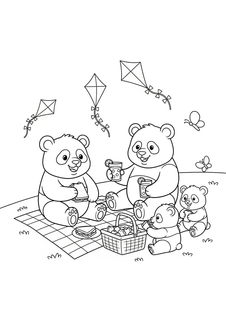 Family Picnic Panda Coloring Page
