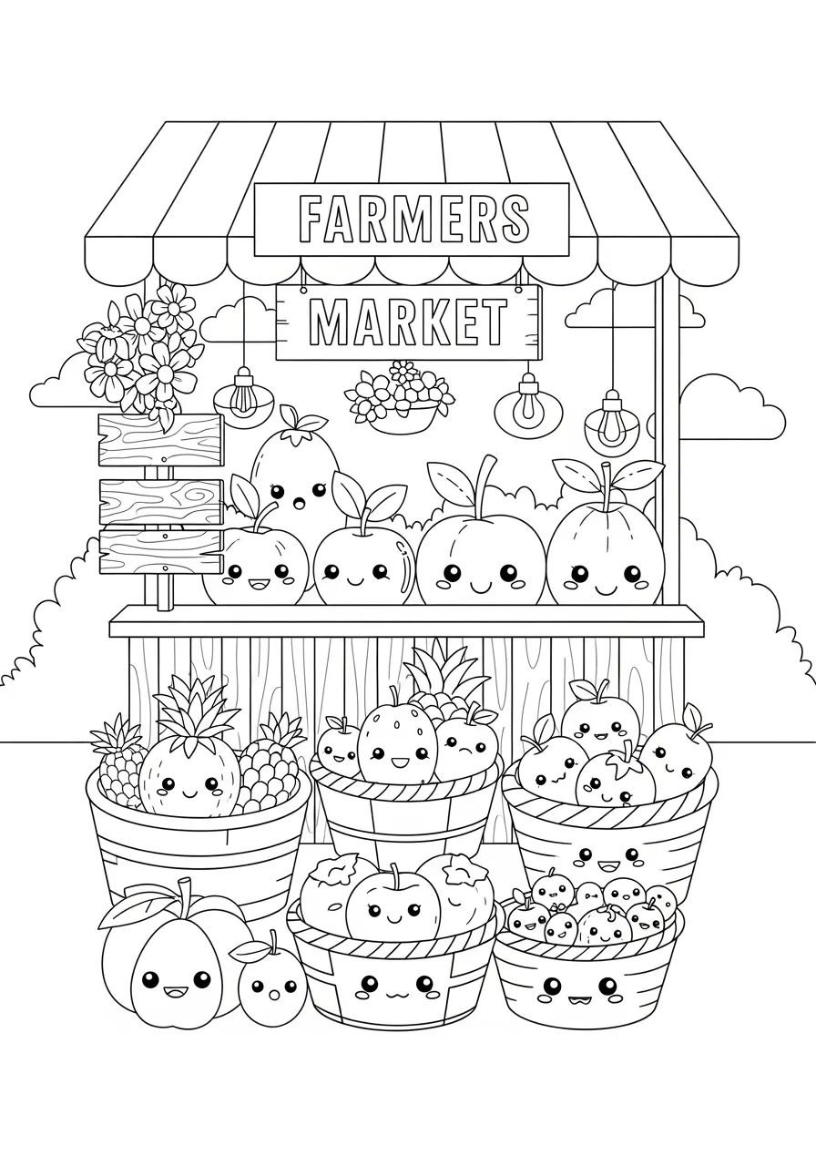 Farmers Market Cute Fruit Coloring Page