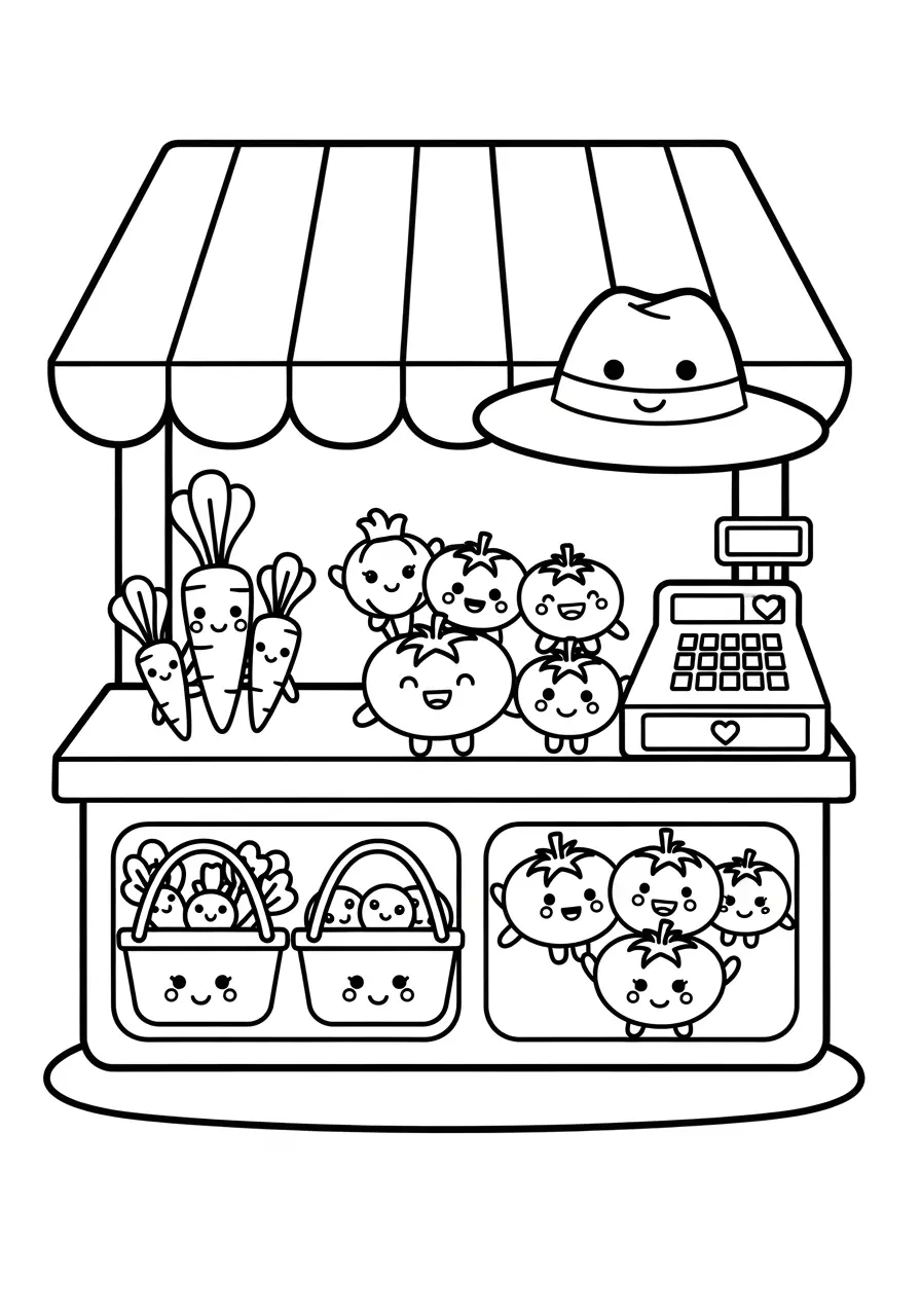 Farmers Market Cute Kawaii Coloring Page