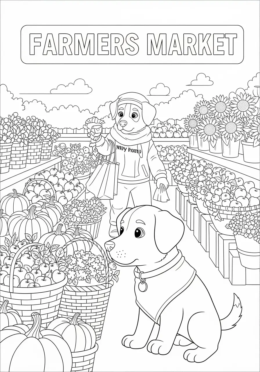 Farmers Market Cute Puppy Coloring Page