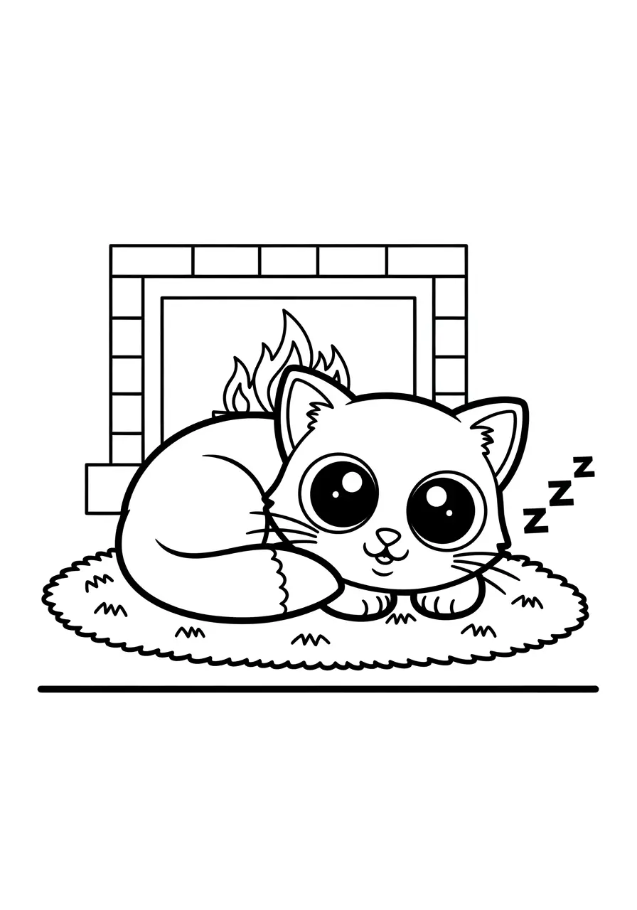 Fireplace Kitten Cozy Coloring Page