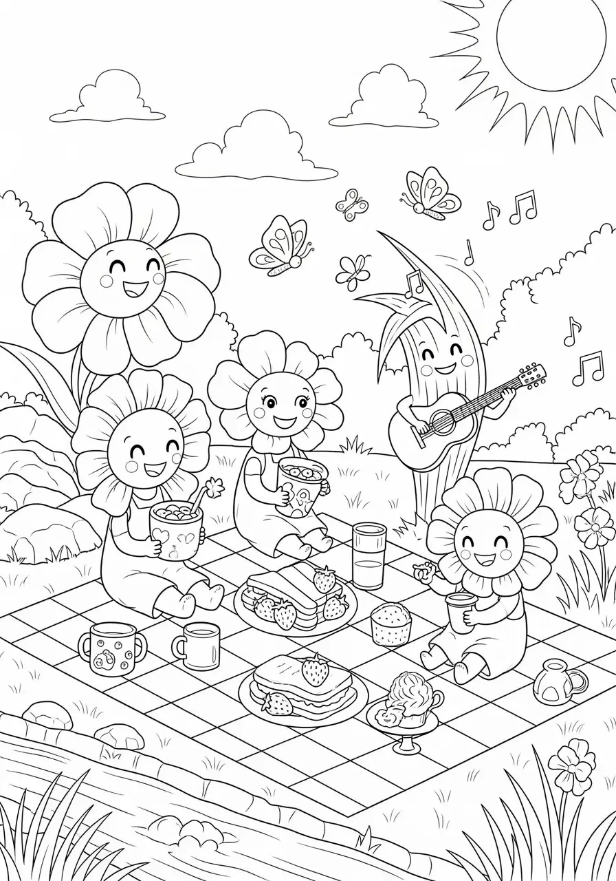 Flower Picnic Cute Coloring Page