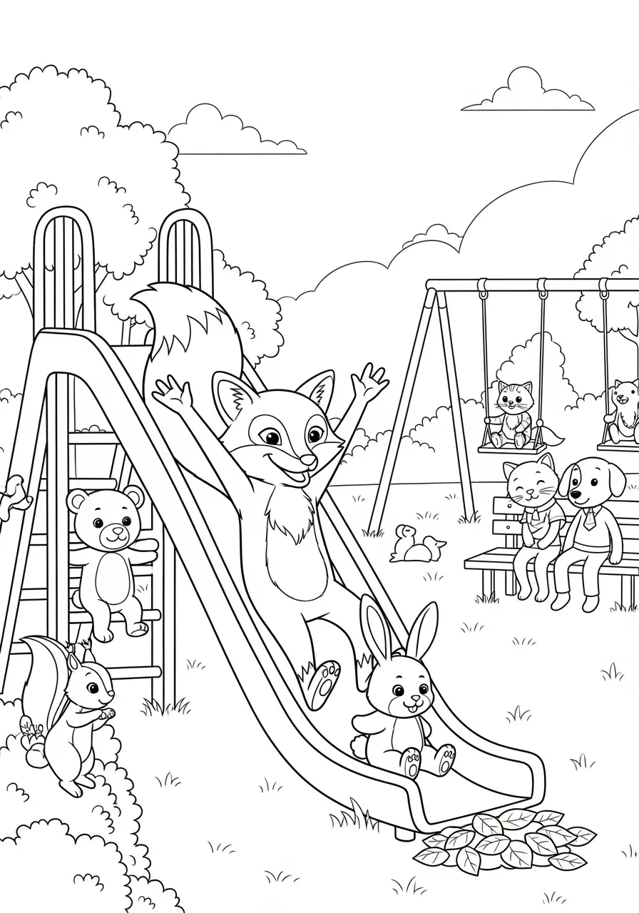 Fox Playground Adventure Coloring Page