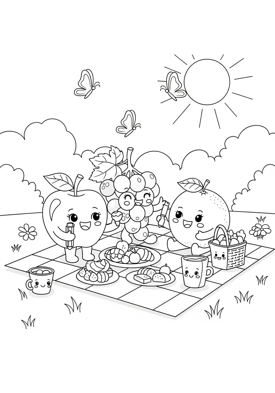 Fruit Picnic Cute Coloring Page