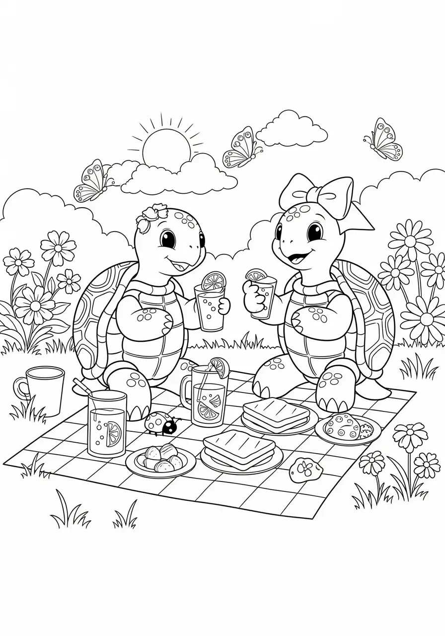 Garden Picnic Turtle Coloring Page