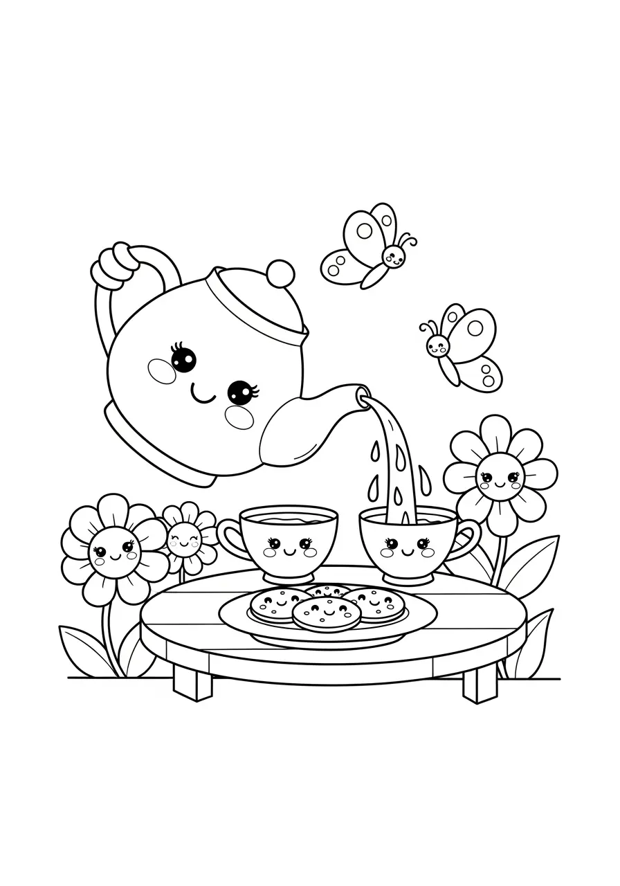 Garden Tea Party Kawaii Coloring Page