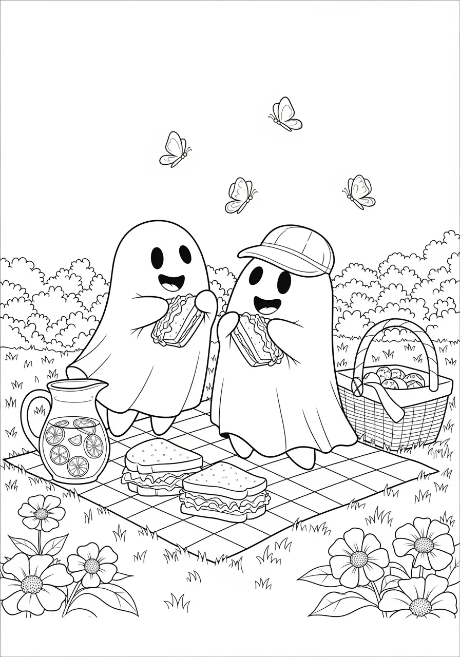 Ghost Garden Picnic Coloring Page
