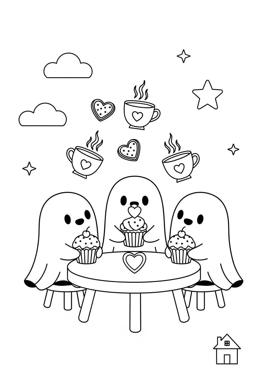 Ghost Tea Party Cute Spooky Coloring