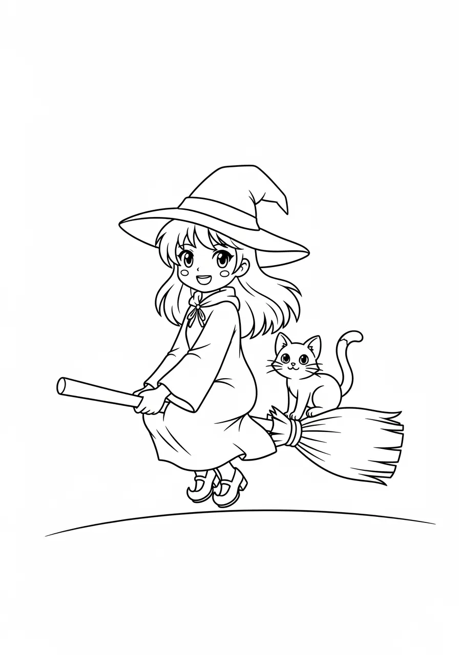 Happy Anime Witch Coloring Page