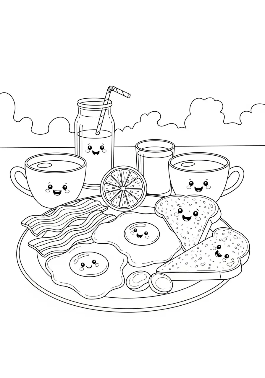 Happy Breakfast Foods Coloring Page