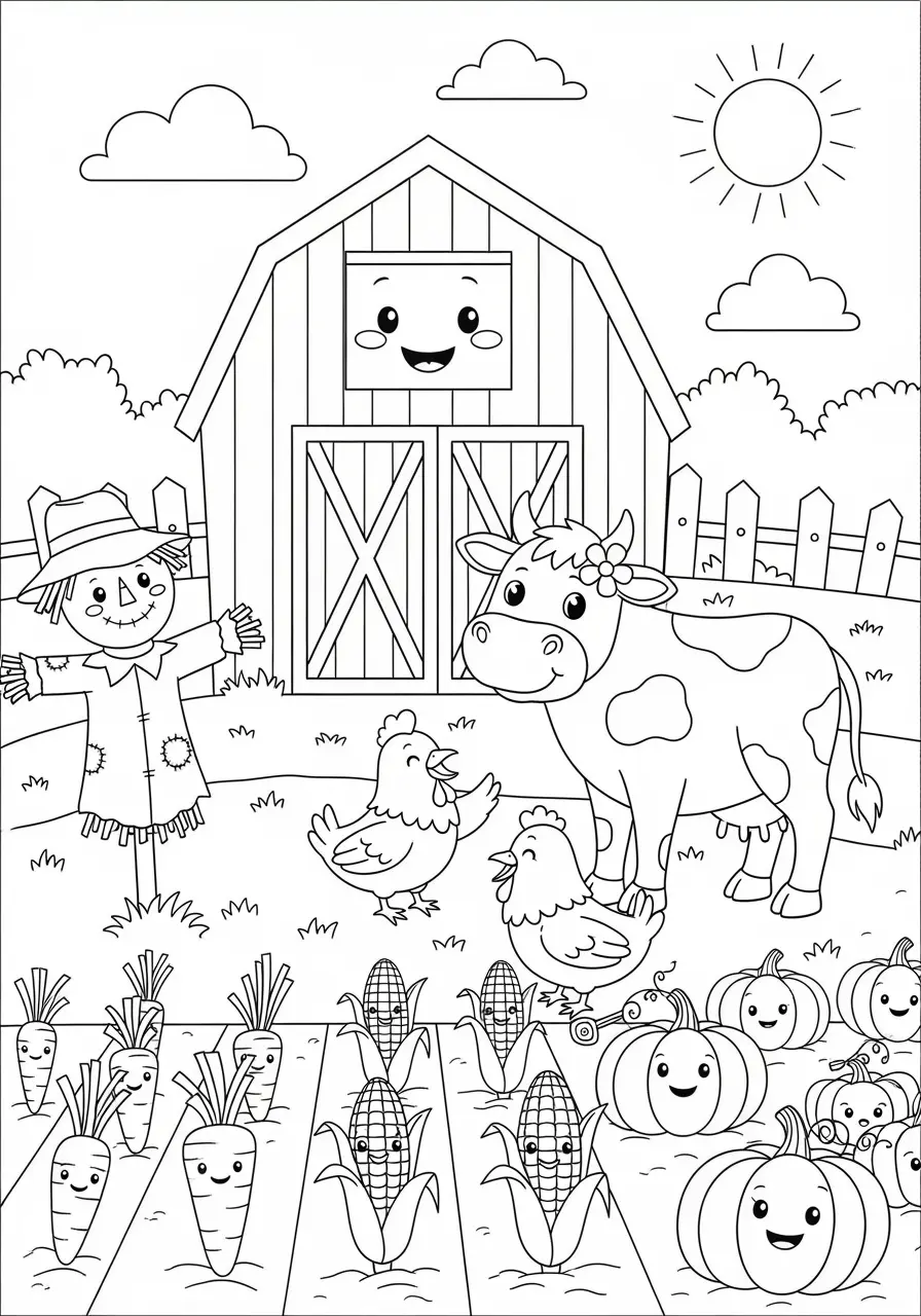Happy Farm Cute Simple Coloring Page