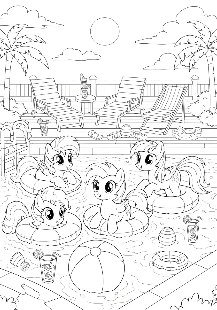 Happy Horse Pool Party Coloring Page