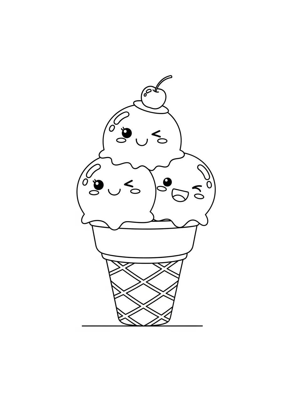 Happy Ice Cream Cone Dessert Coloring Page