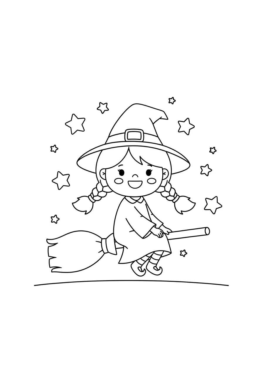 Happy Witch Cute Spooky Coloring Page