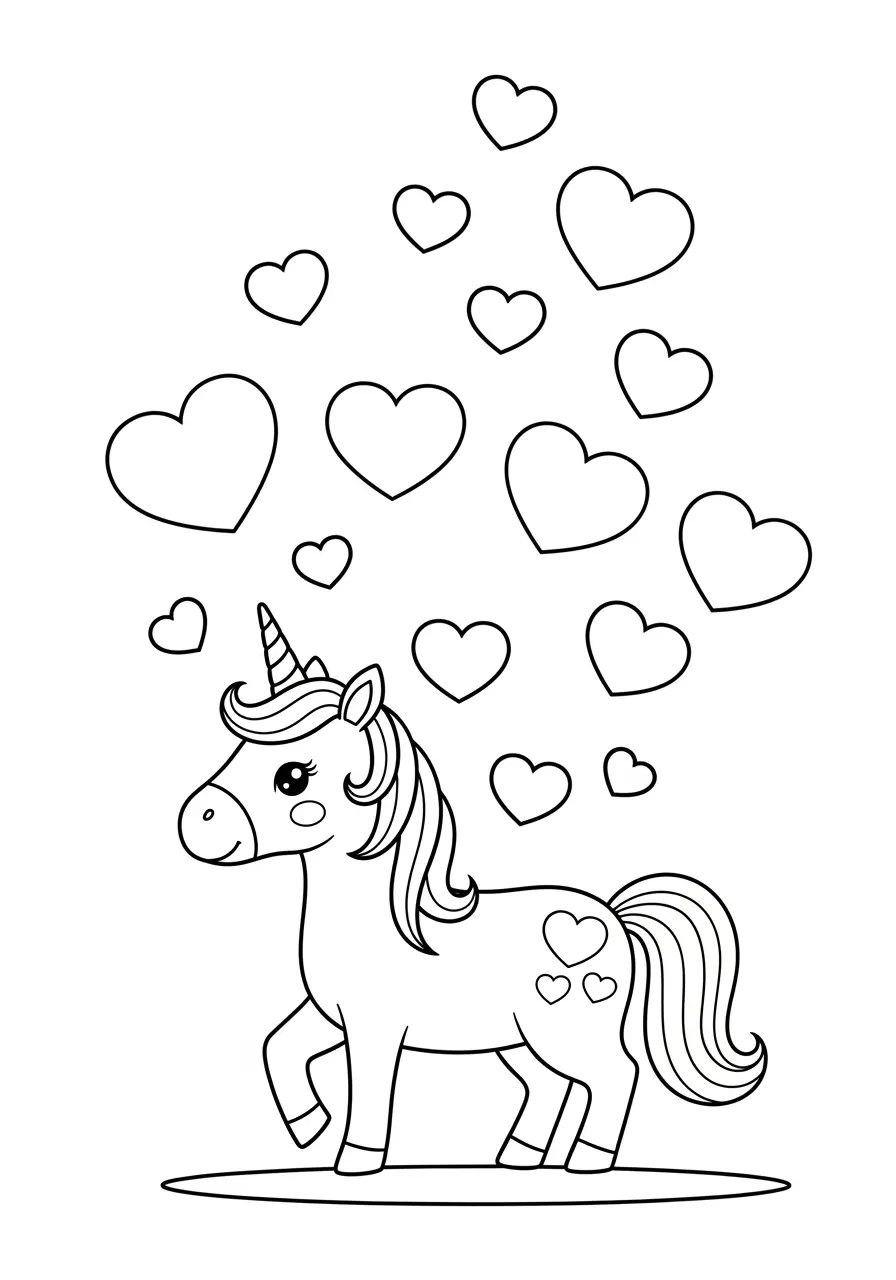 Heart-Filled Cute Unicorn Coloring Page