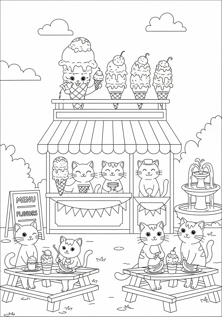 Ice Cream Cute Cats Coloring Page