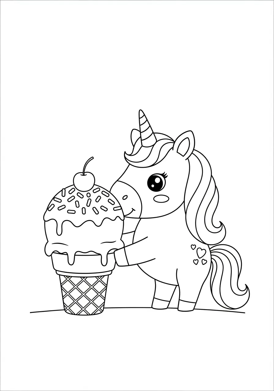 Ice Cream Cute Unicorn Coloring Page