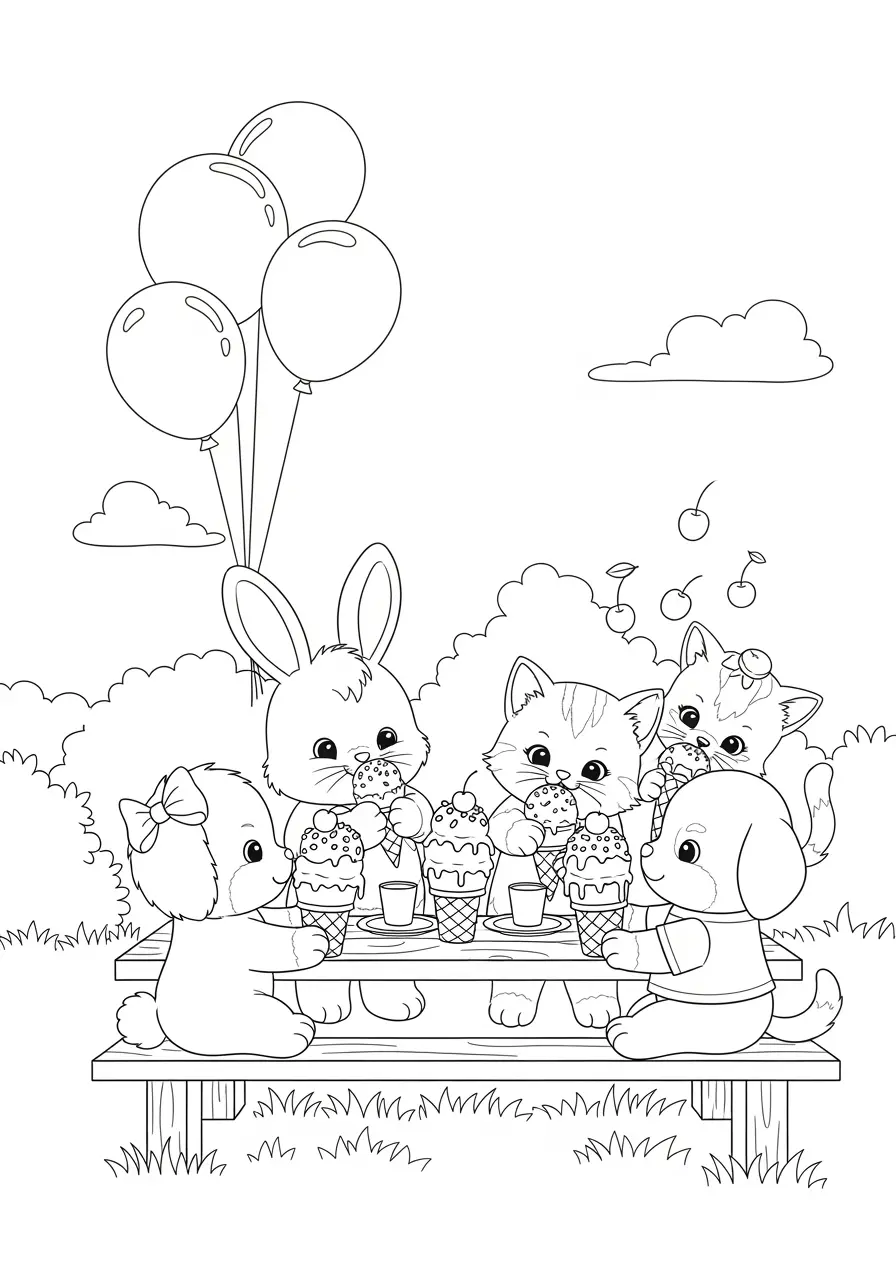 Ice Cream Party Cute Animal Coloring Page