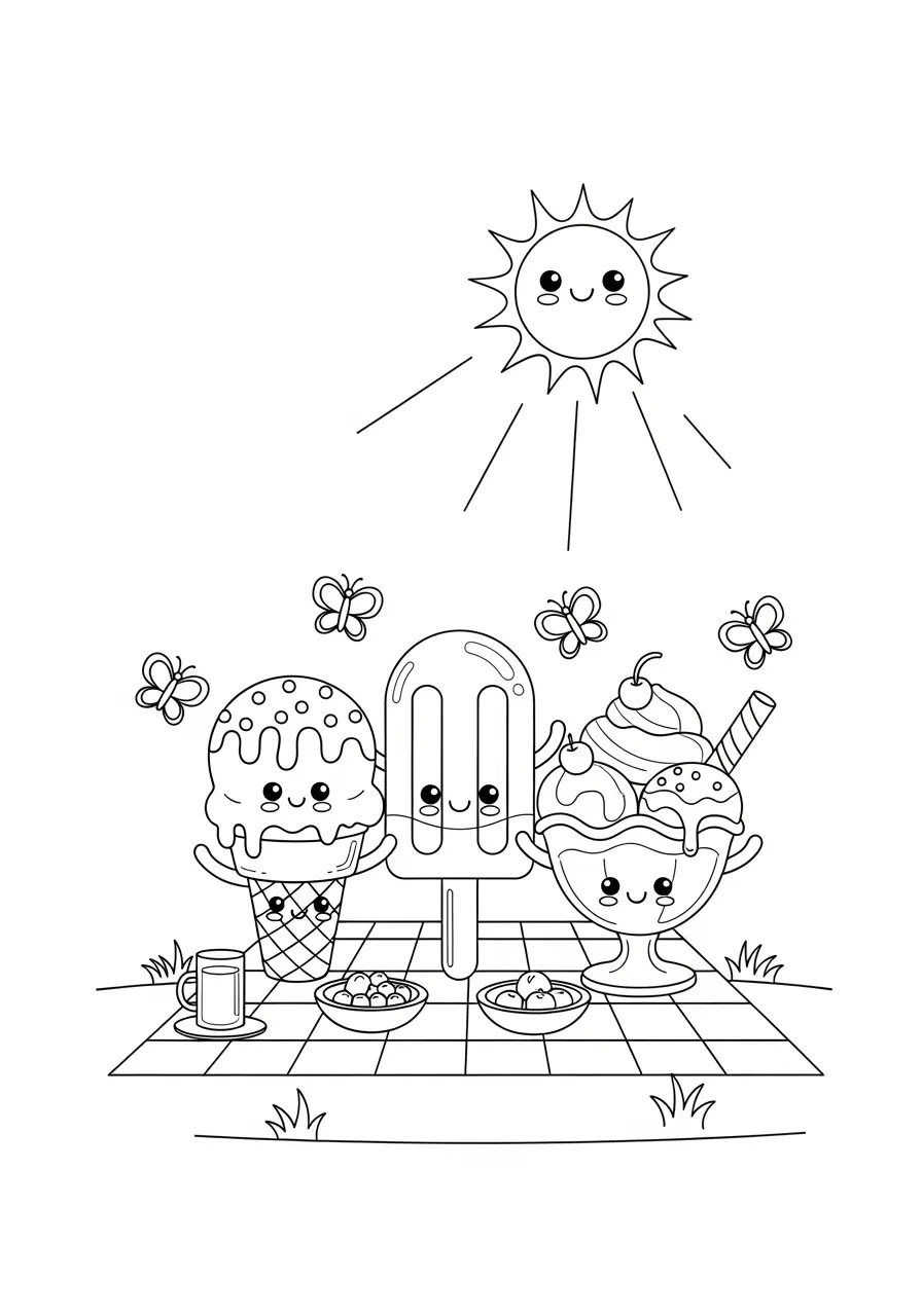 Ice Cream Picnic Paradise Coloring Page