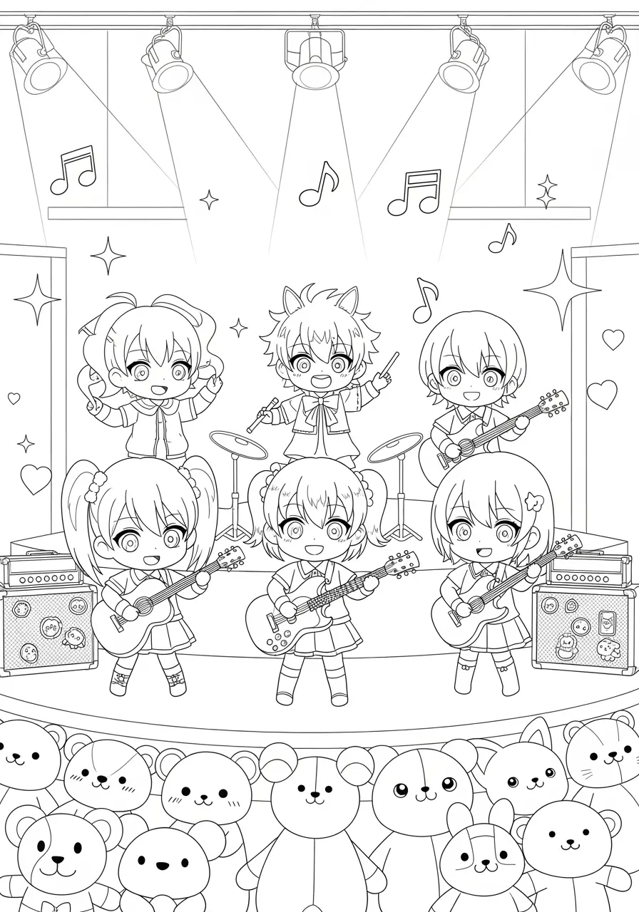 Kawaii Anime Music Band Coloring Page