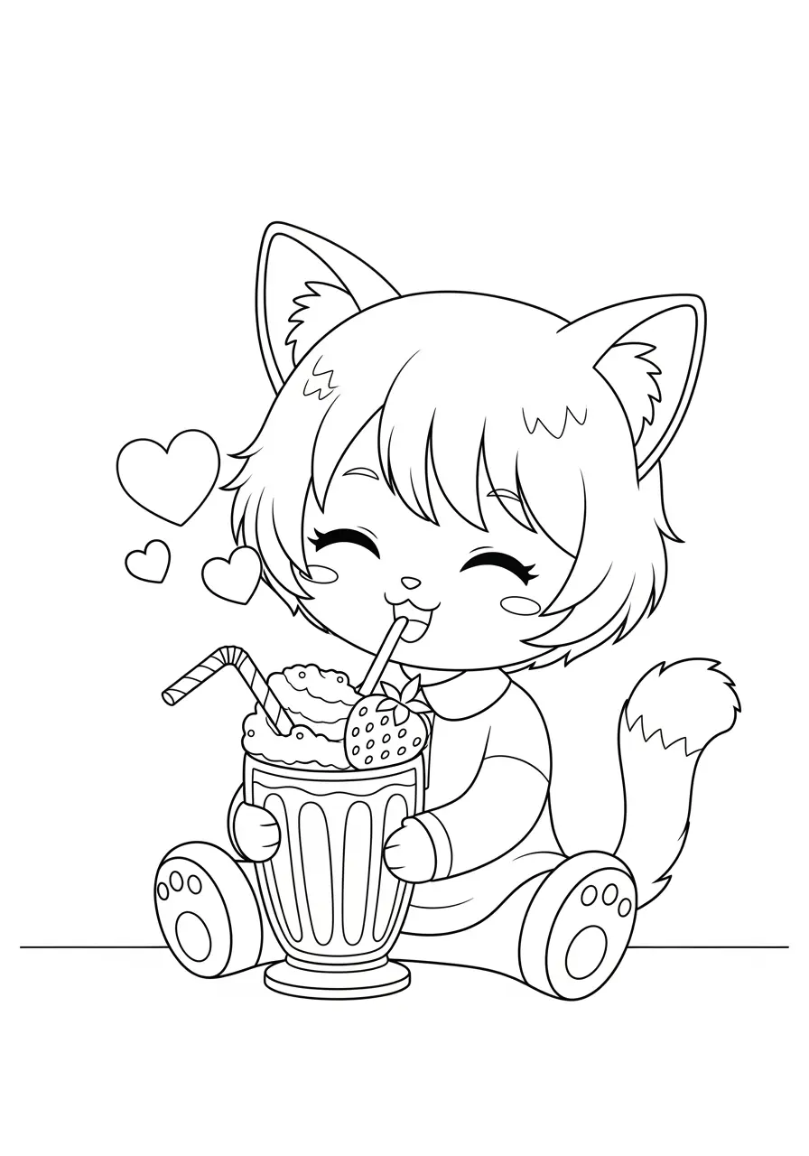 Kawaii Cat Girl Anime Coloring Page