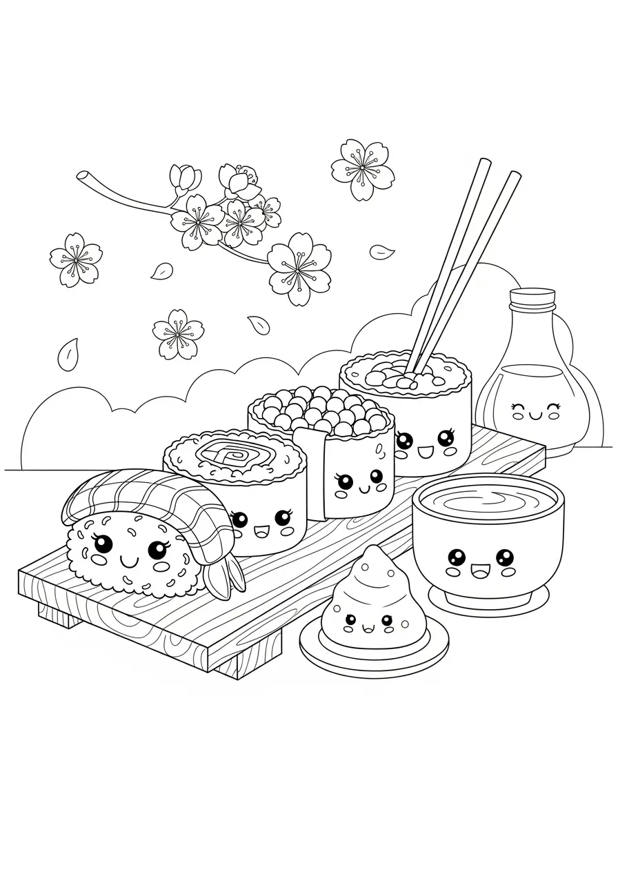 Kawaii Sushi Bar Aesthetic Coloring Page