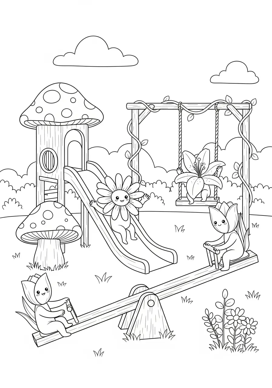 Magical Flower Playground Coloring Page