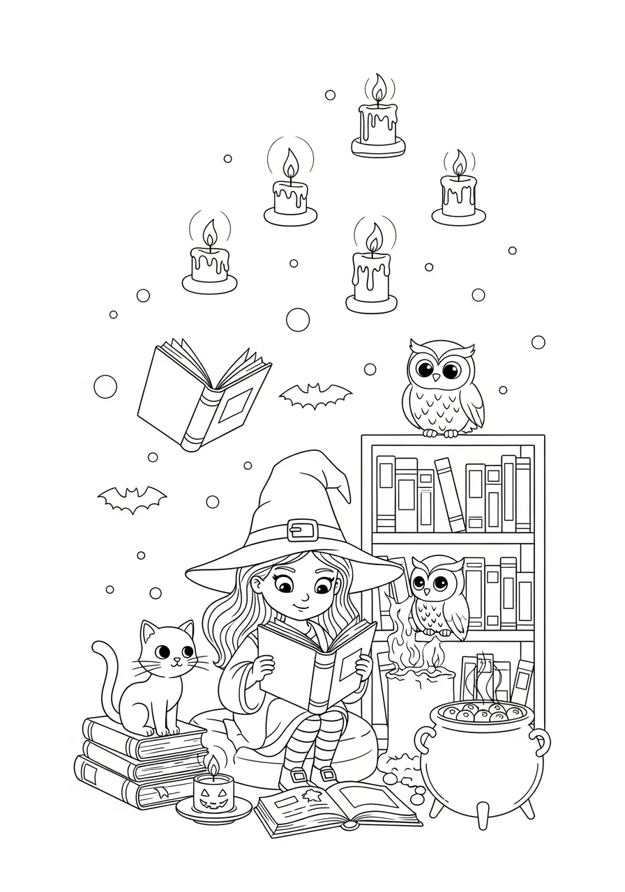 Magical Library Cute Spooky Coloring Page