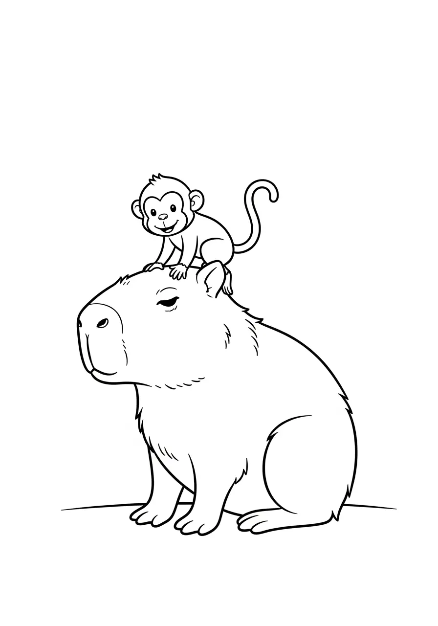 Monkey Friend Capybara Coloring Page