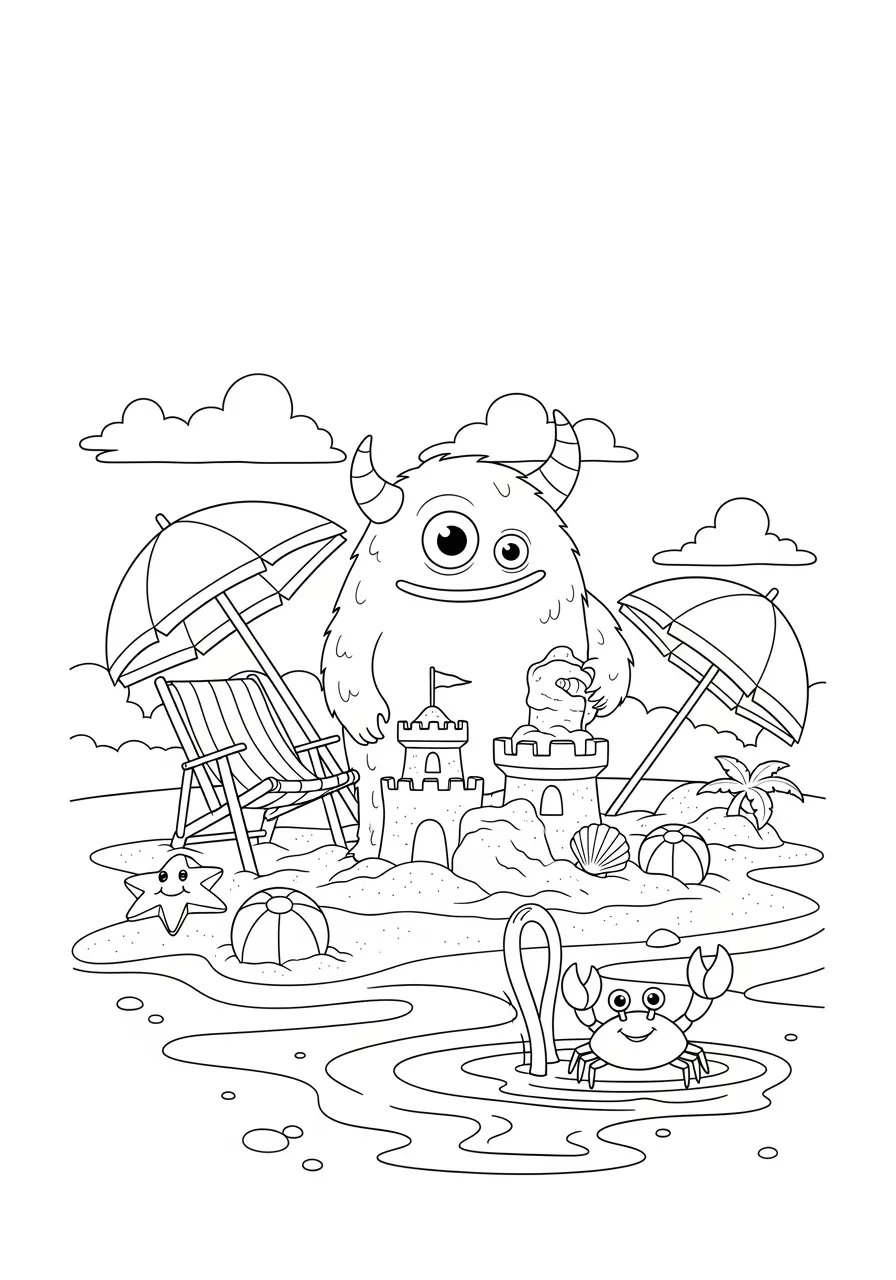 Monster Beach Day Coloring Page
