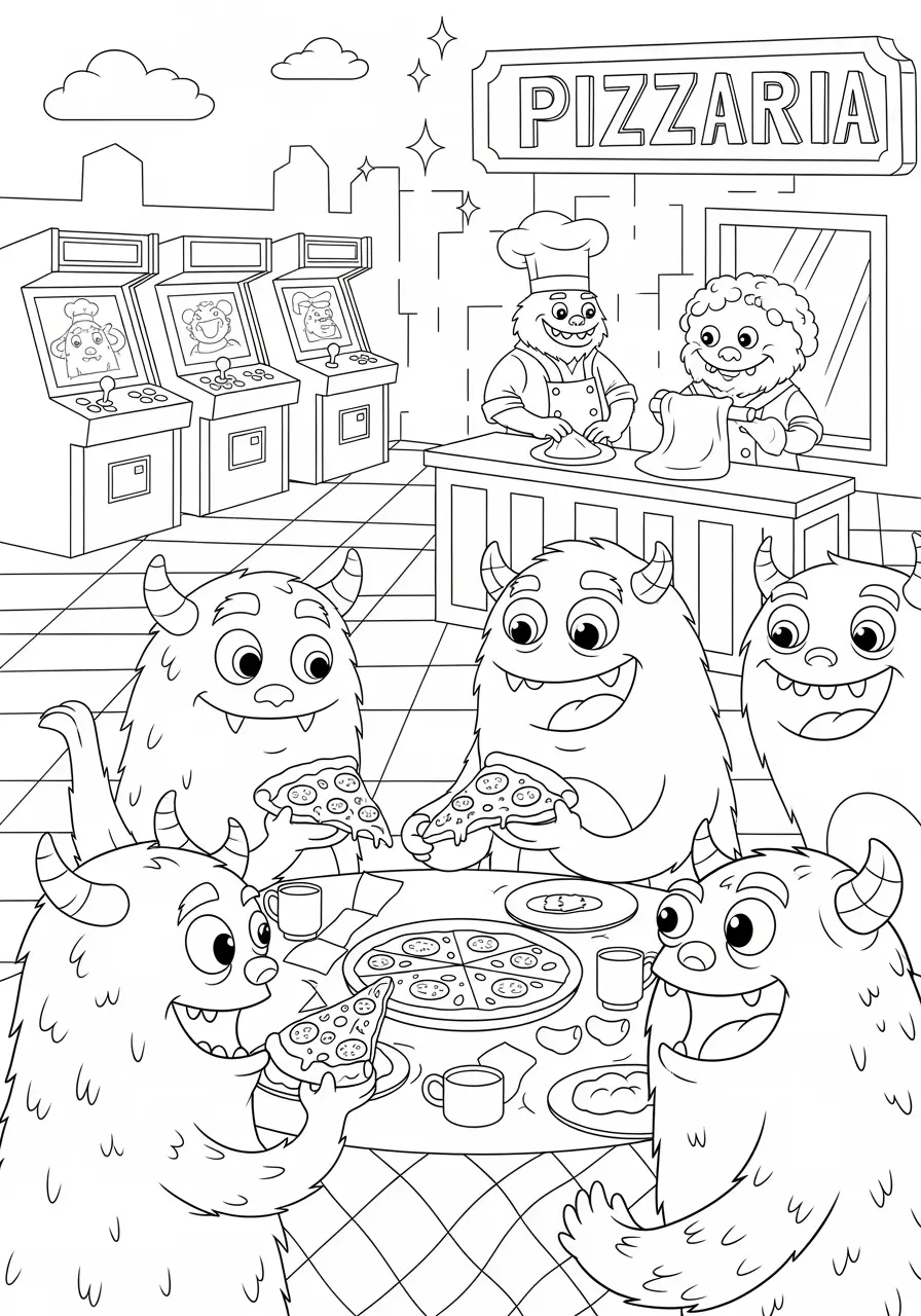 Monster Pizza Party Coloring Page