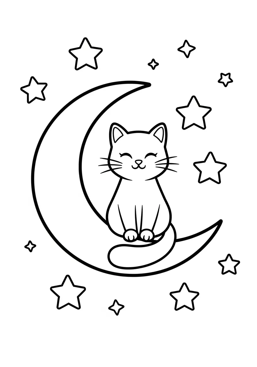 Moonlight Cute Cat Coloring Page