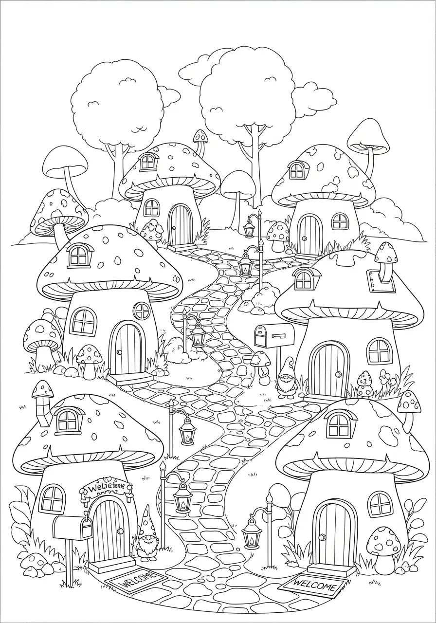 Mushroom Village Coloring Page