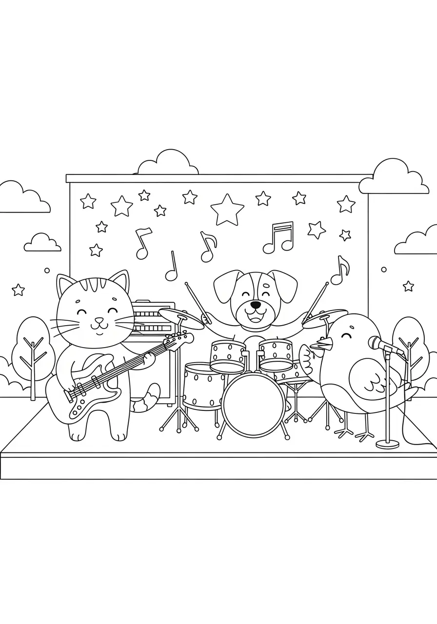 Music Band Cute Animal Coloring Page