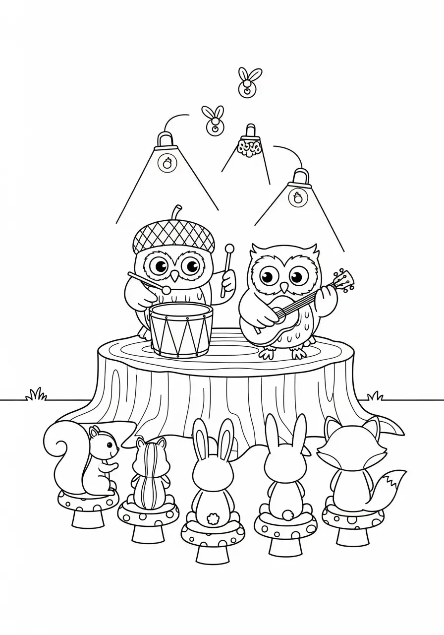 Owl Music Band Coloring Page