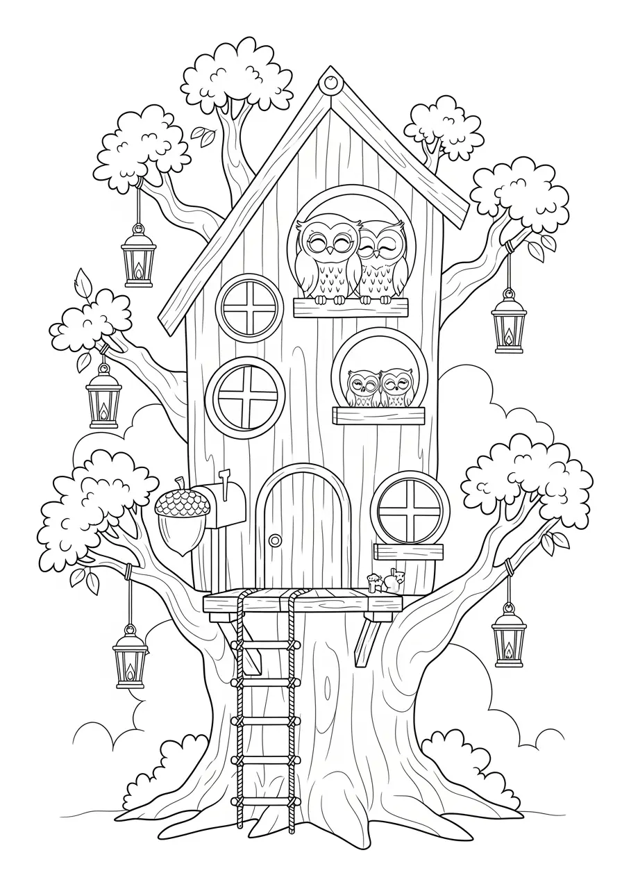 Owl Treehouse Coloring Page