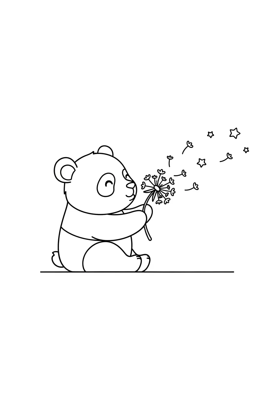 Panda Coloring Page Blowing Dandelions