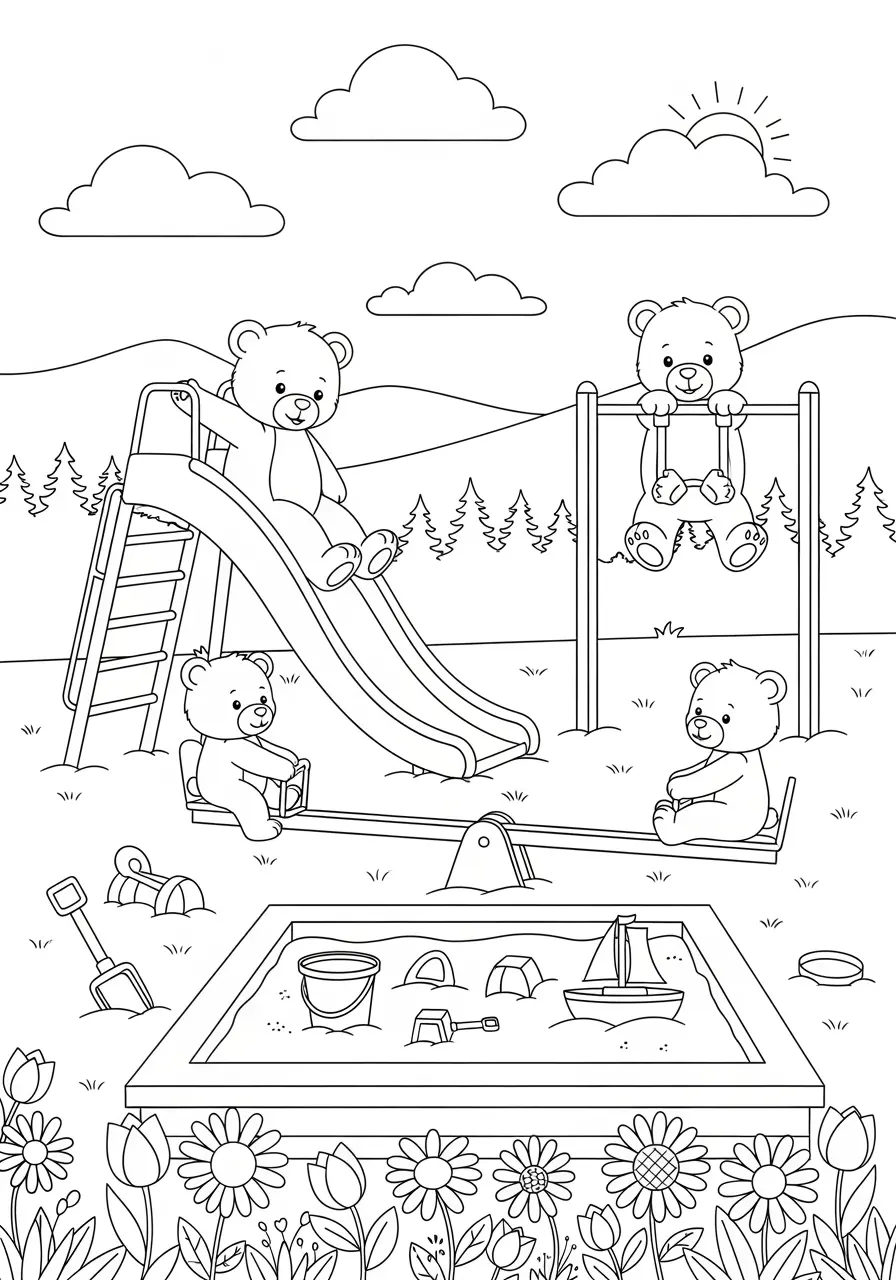 Playground Adventure Bears Coloring Page