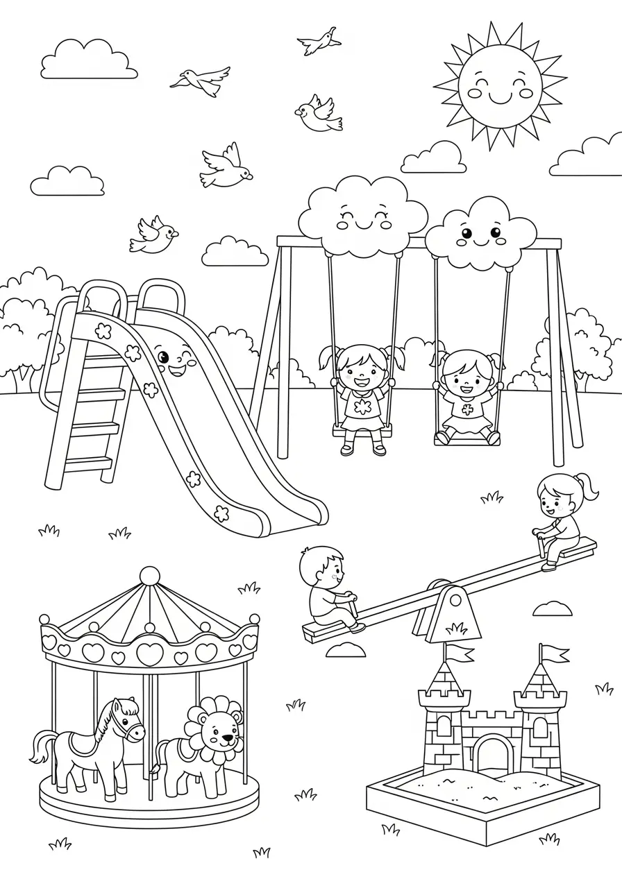Playground Fun Cute Kawaii Coloring Page