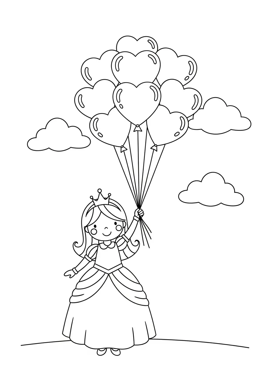 Princess Coloring Page Heart Balloons