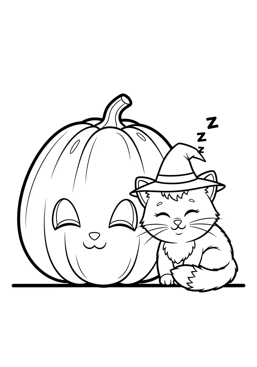 Pumpkin With Kitty Coloring Page