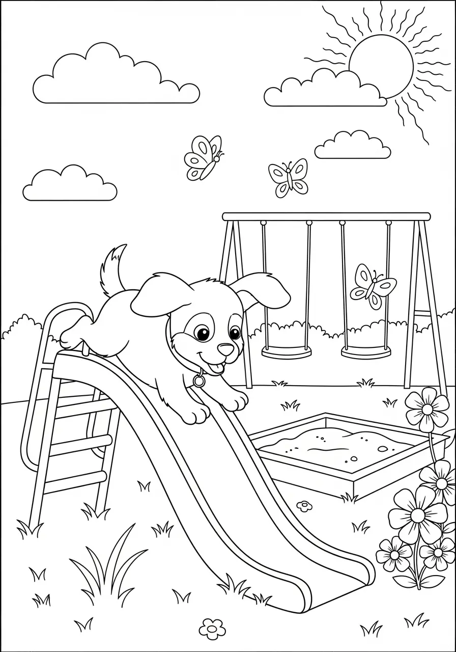 Puppy Playground Cute Easy Coloring Page