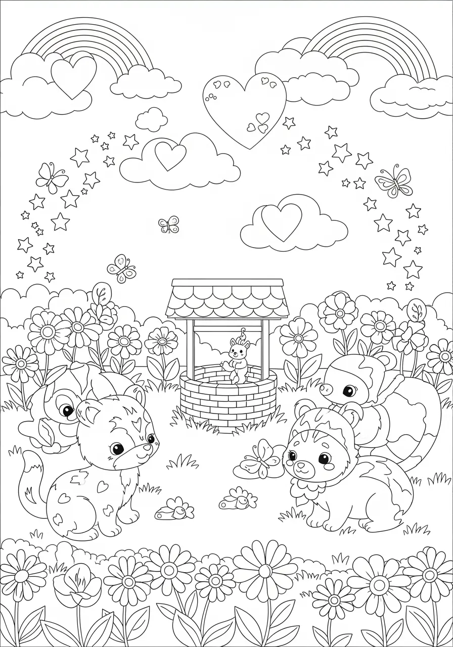 Rainbow Garden Cute Animal Coloring Page