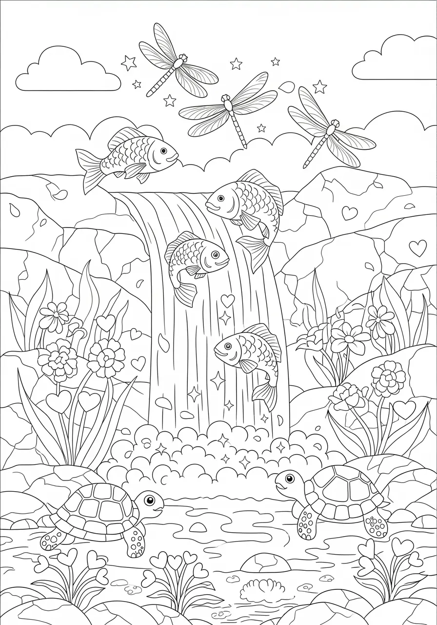 Rainbow Waterfall Nature Coloring Page